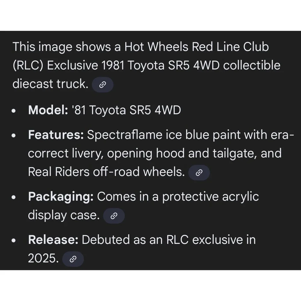 Hot Wheels‎ RLC 81 Toyota SR5 4WD Blue White Excellent Spectraflame Truck 1:64
